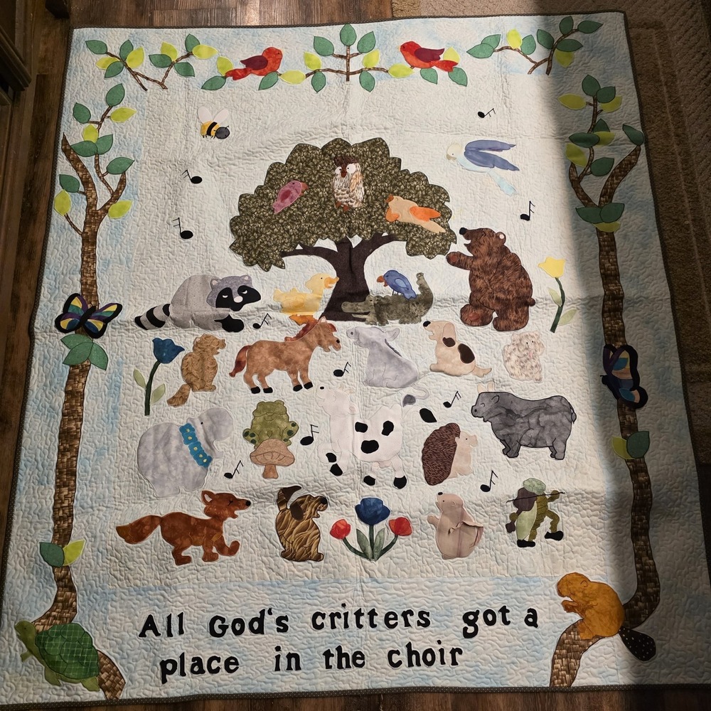 Handmade Appliqué Childs Quilt Nursery 50 X 55" All God's Critters Got A Place